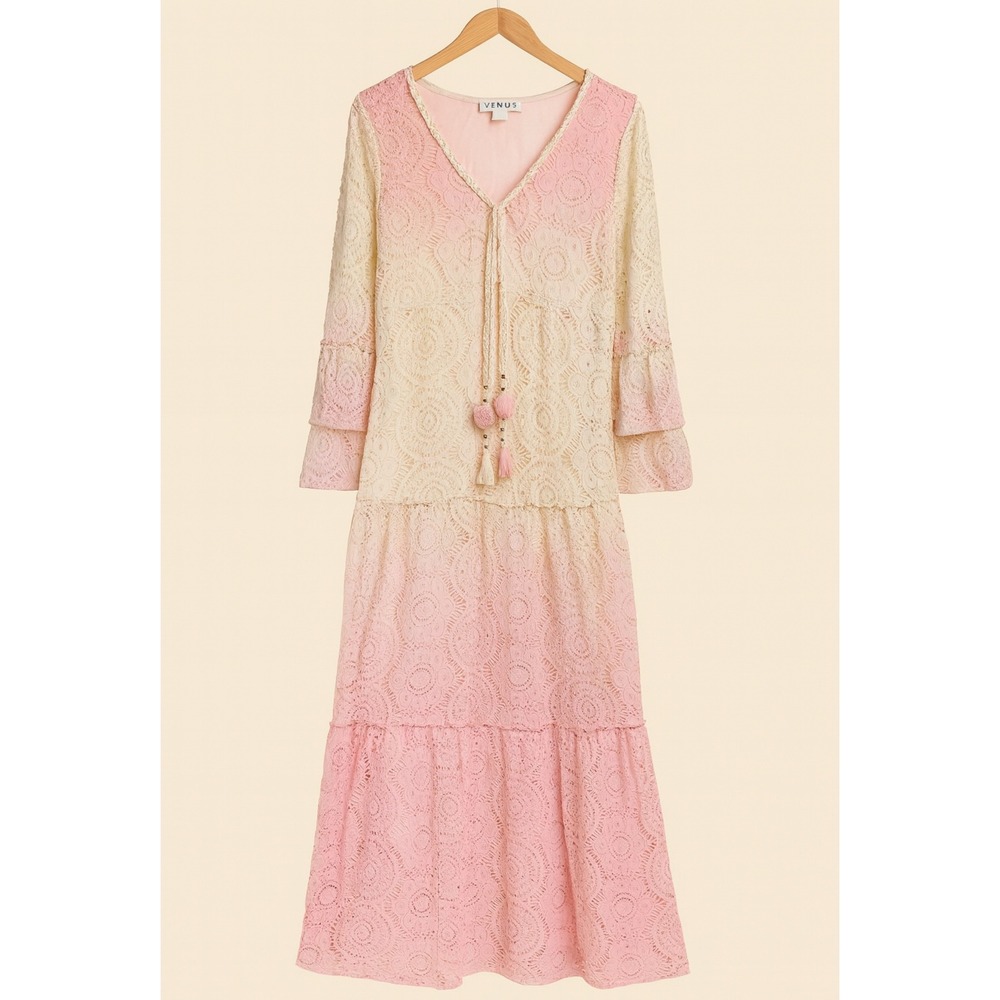 Venus Womens Long Crochet Embroidered Pink White Floral Ombre Maxi Dress sz M - Picture 2 of 13